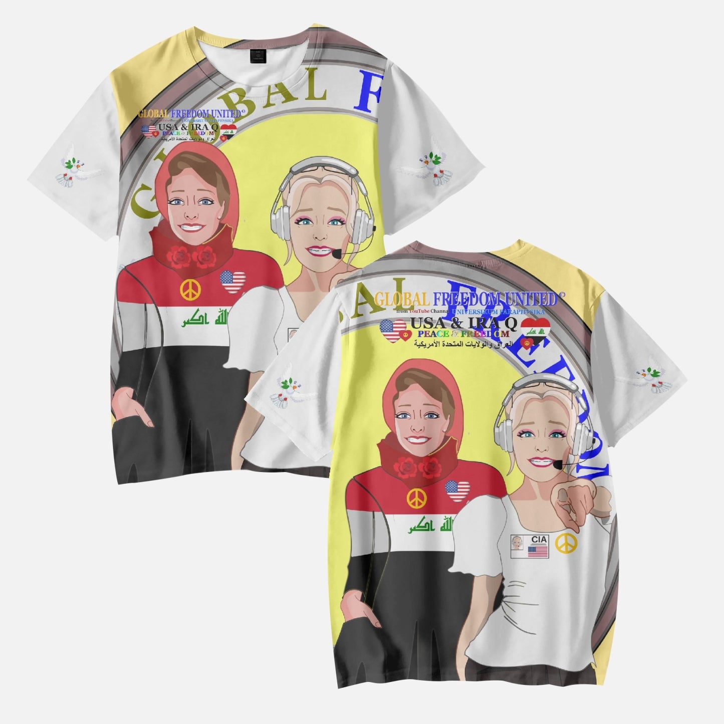 GLOBAL FREEDOM UNITED GIRLS IRAQ & USA OLD PEACE YELLOW AOP Kids' Short T-Shirts