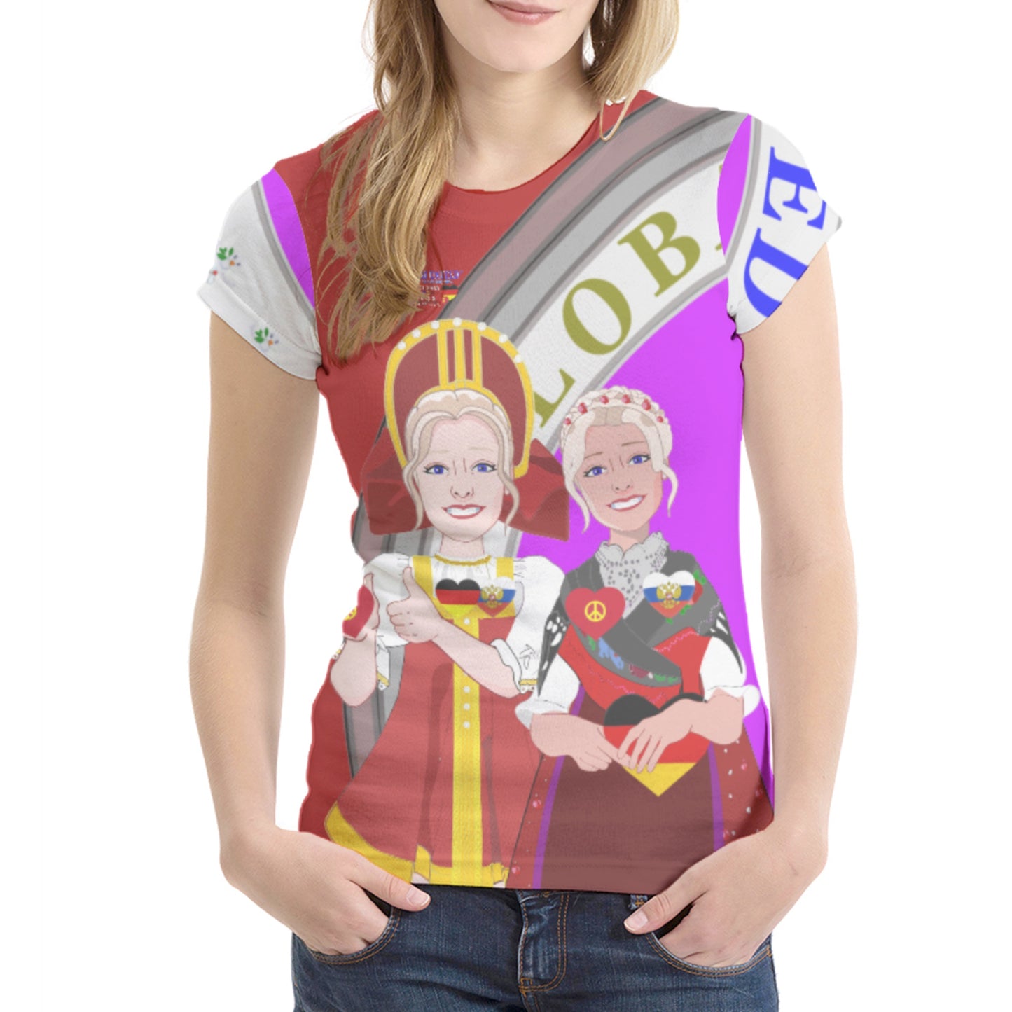 Women´s T-shirt 2 GLOBAL FREEDOM UNITED© Women RUSSIA & GERMANY Red