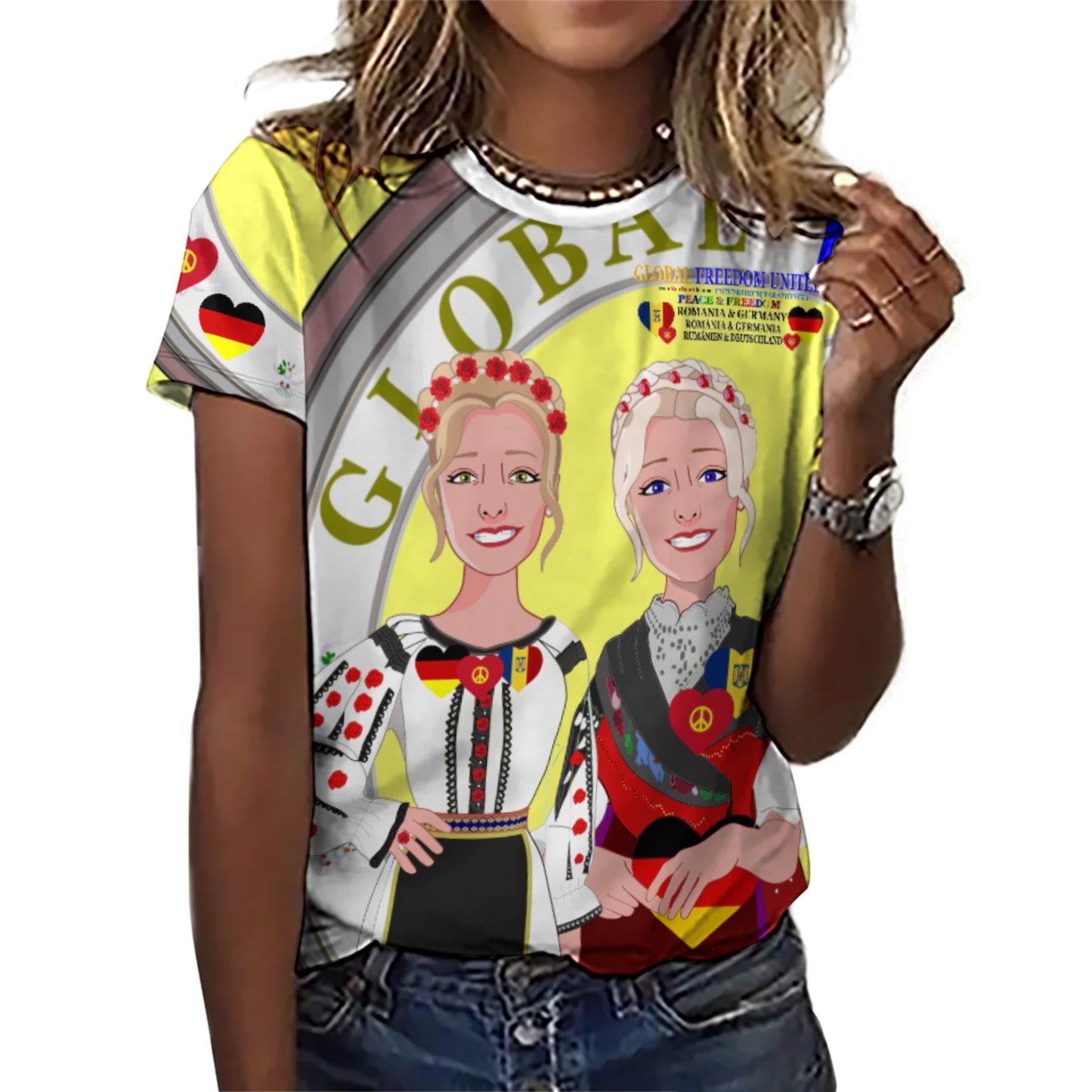 Women´s T-shirt 3 GLOBAL FREEDOM UNITED© Women Romania & Germany Yellow