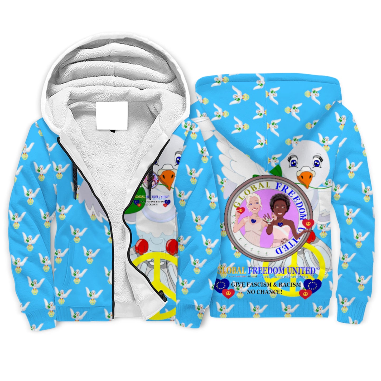 Plush Hoodie GLOBAL FREEDOM UNITED© Women Anti Fascism & Racism EU Blue