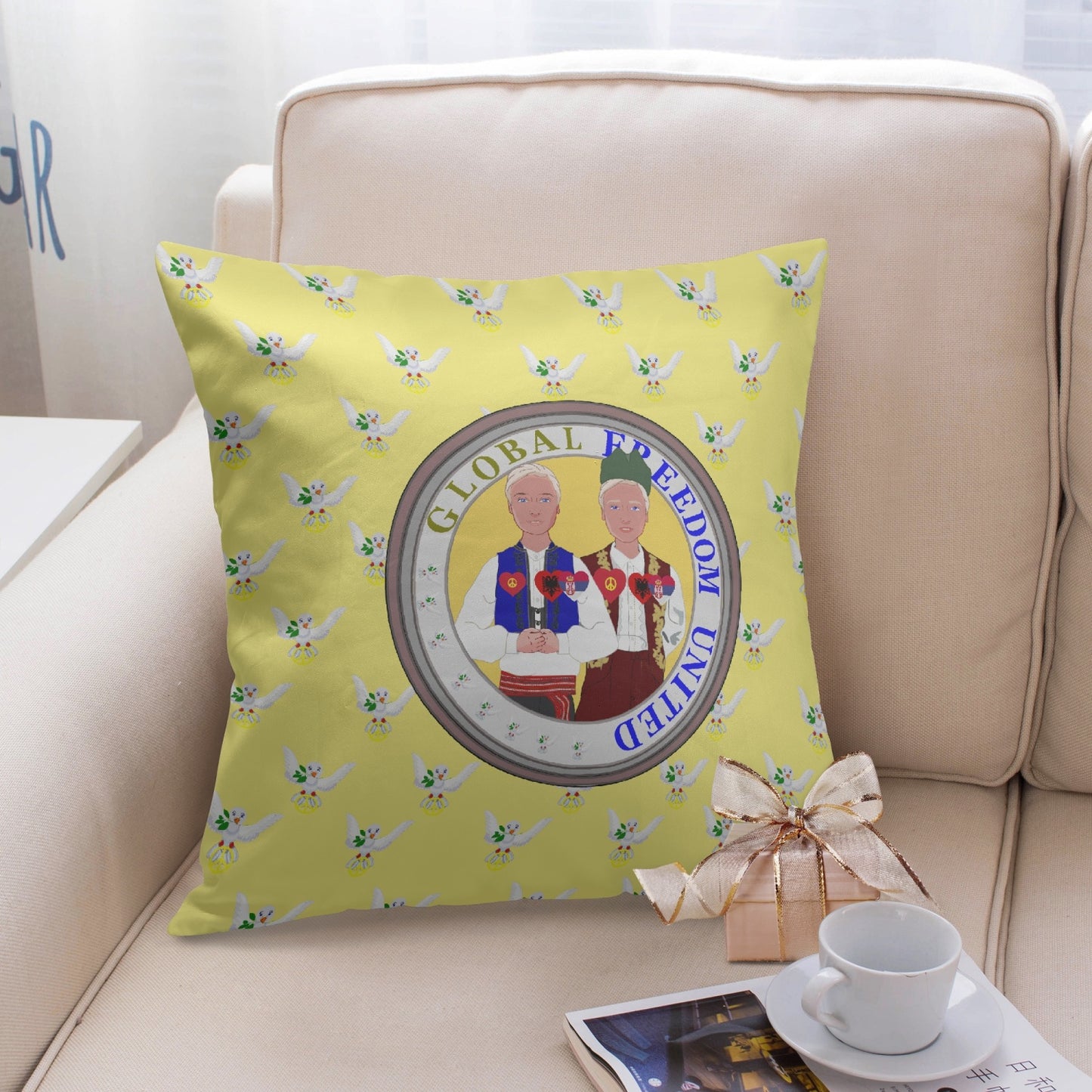 GLOBAL FREEDOM UNITED© Men ALBANIA & SERBIA YELLOW 18'' Square Pillow Cover