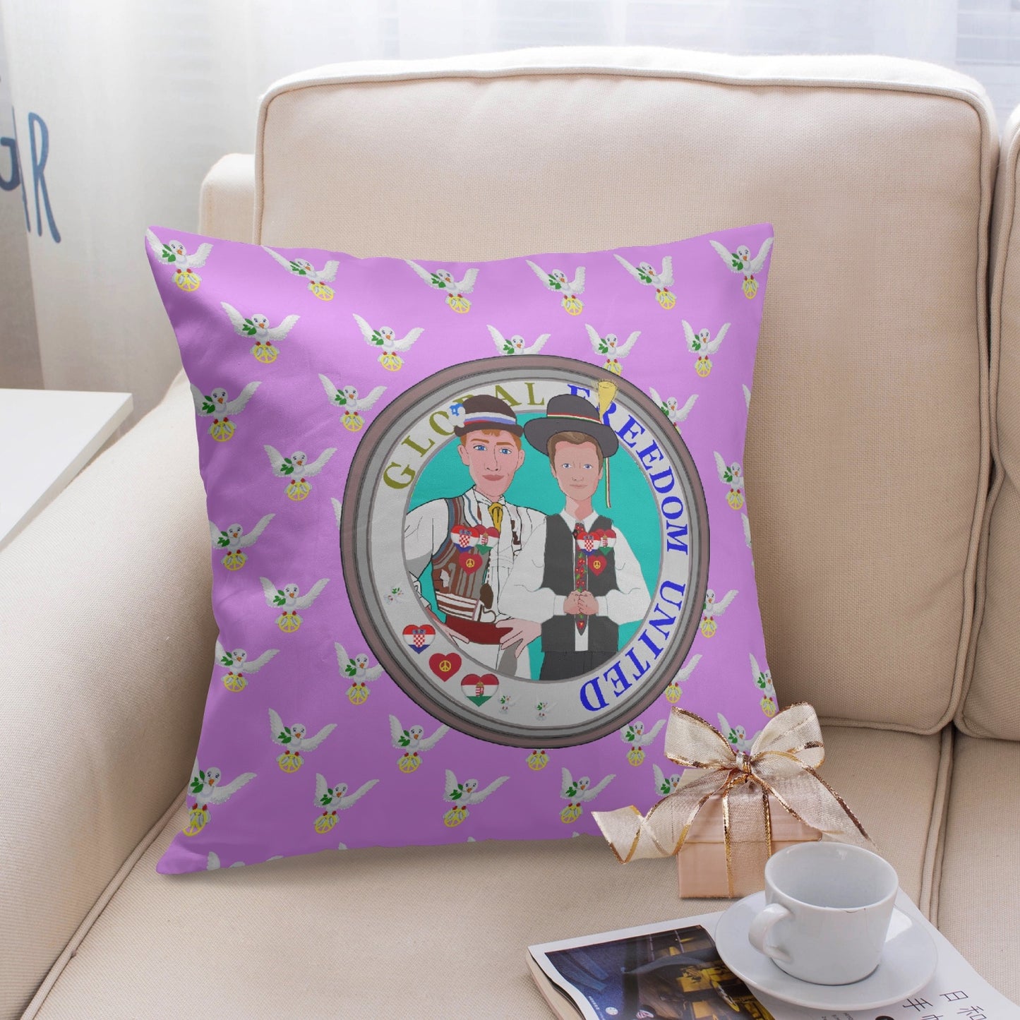 GLOBAL FREEDOM UNITED© Men CROATIA & HUNGARY Lilac 18'' Square Pillow Cover