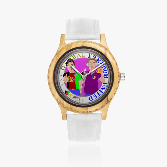 GLOBAL FREEDOM UNITED© Men AFGHANISTAN & USA -  Italian Olive Lumber Wooden Watch - Leather Strap