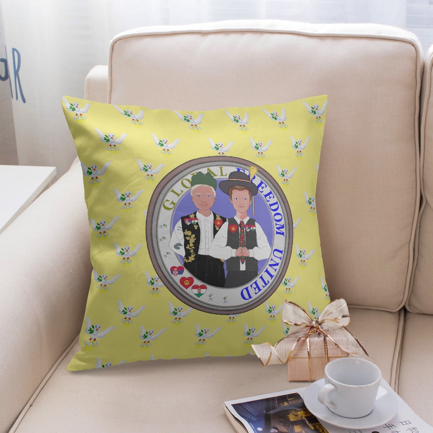 GLOBAL FREEDOM UNITED© MEN SERBIA & HUNGARY OLD PEACE YELLOW 18'' Square Pillow Cover