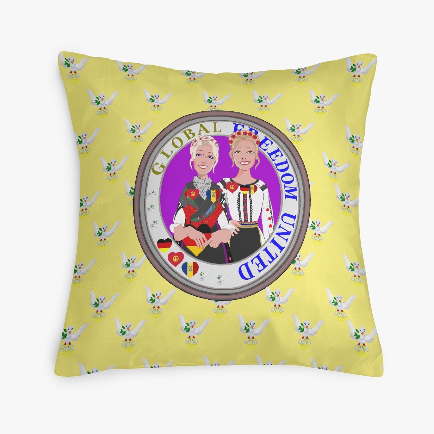GLOBAL FREEDOM UNITED© Women GERMANY & ROMANIA Yellow 18'' Square Pillow Cover