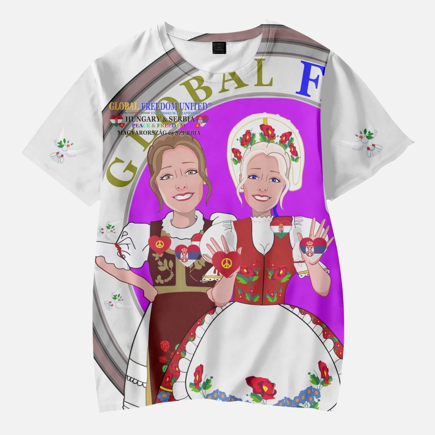 GLOBAL FREEDOM UNITED GIRLS SERBIA & HUNGARIE OLD PEACE WIGHT AOP Kids' Short T-Shirts