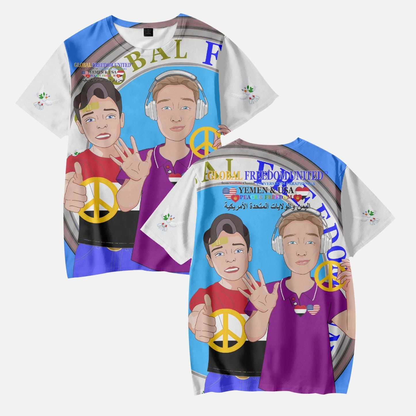 GLOBAL FREEDOM UNITED BOYS YEMEN & USA OLD PEACE BLUE AOP Kids' Short T-Shirts