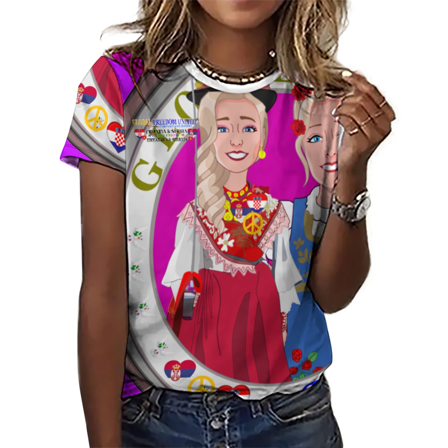 Women´s T-shirt 2 GLOBAL FREEDOM UNITED© Women Croatia & Serbia Blondi Lilac