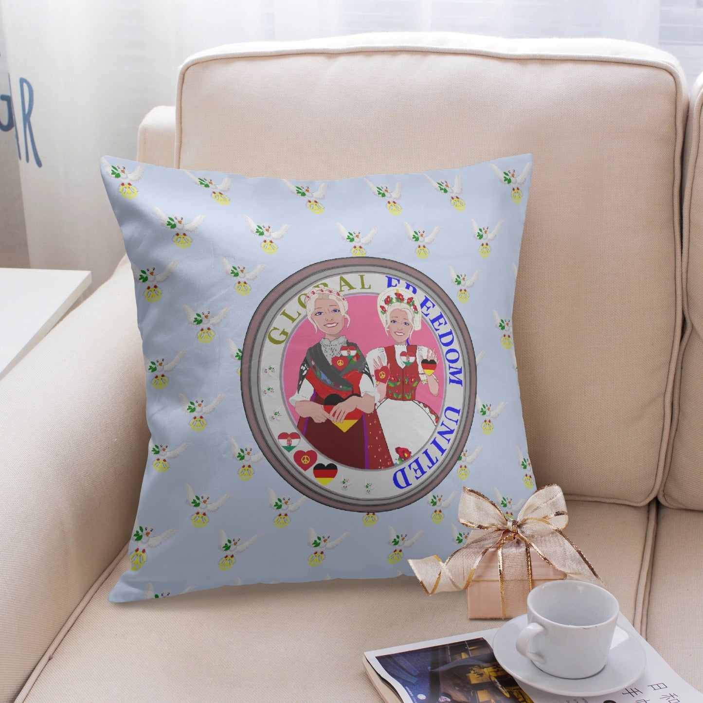 GLOBAL FREEDOM UNITED© Women GERMANY & HUNGARY Light Blue 18'' Square Pillow Cover