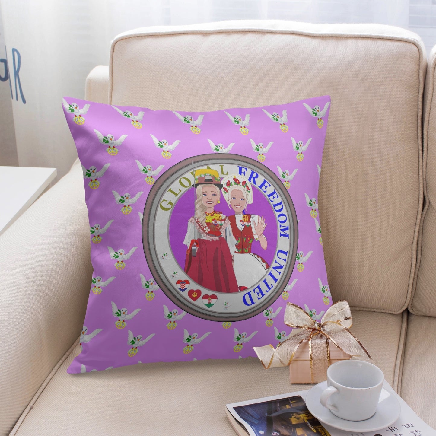 GLOBAL FREEDOM UNITED© Women CROATIA & HUNGARY Lilac 18'' Square Pillow Cover