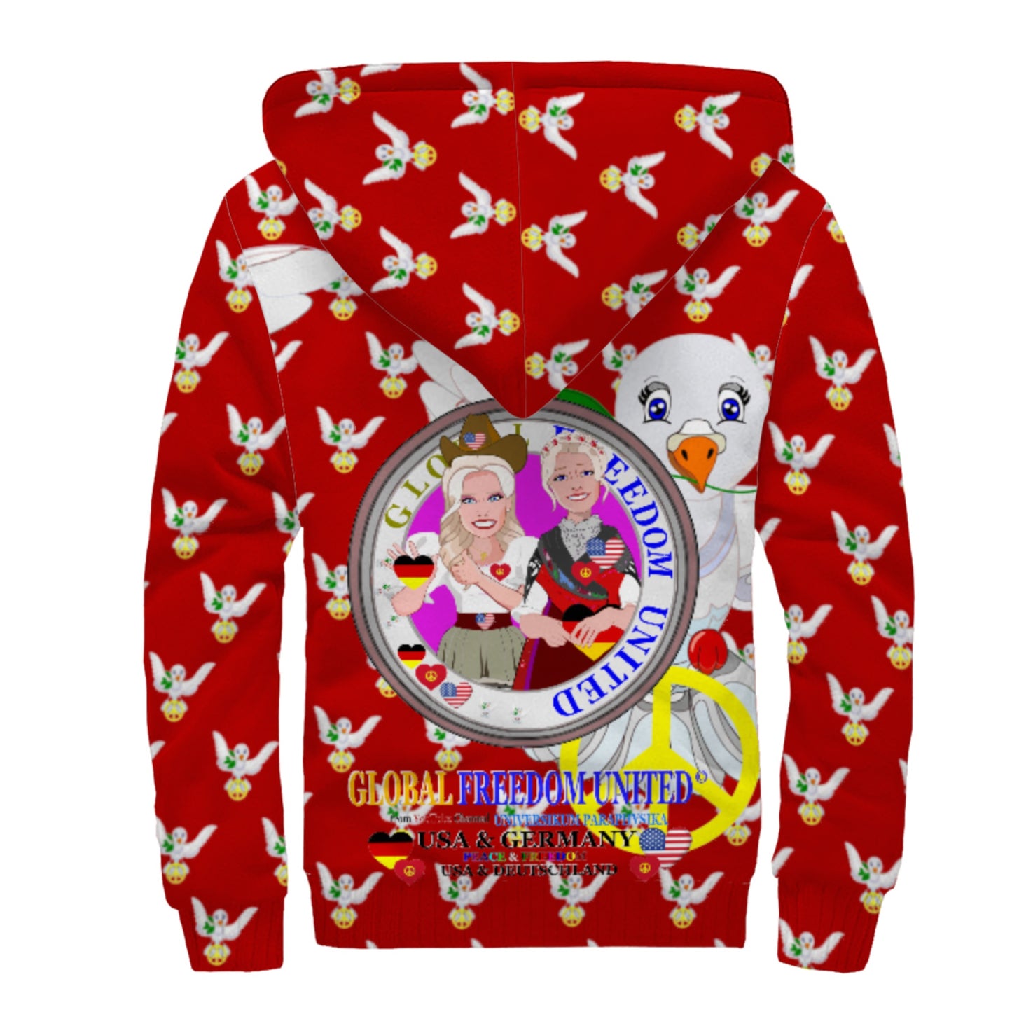 Plush Hoodie GLOBAL FREEDOM UNITED© Women USA & Germany Red