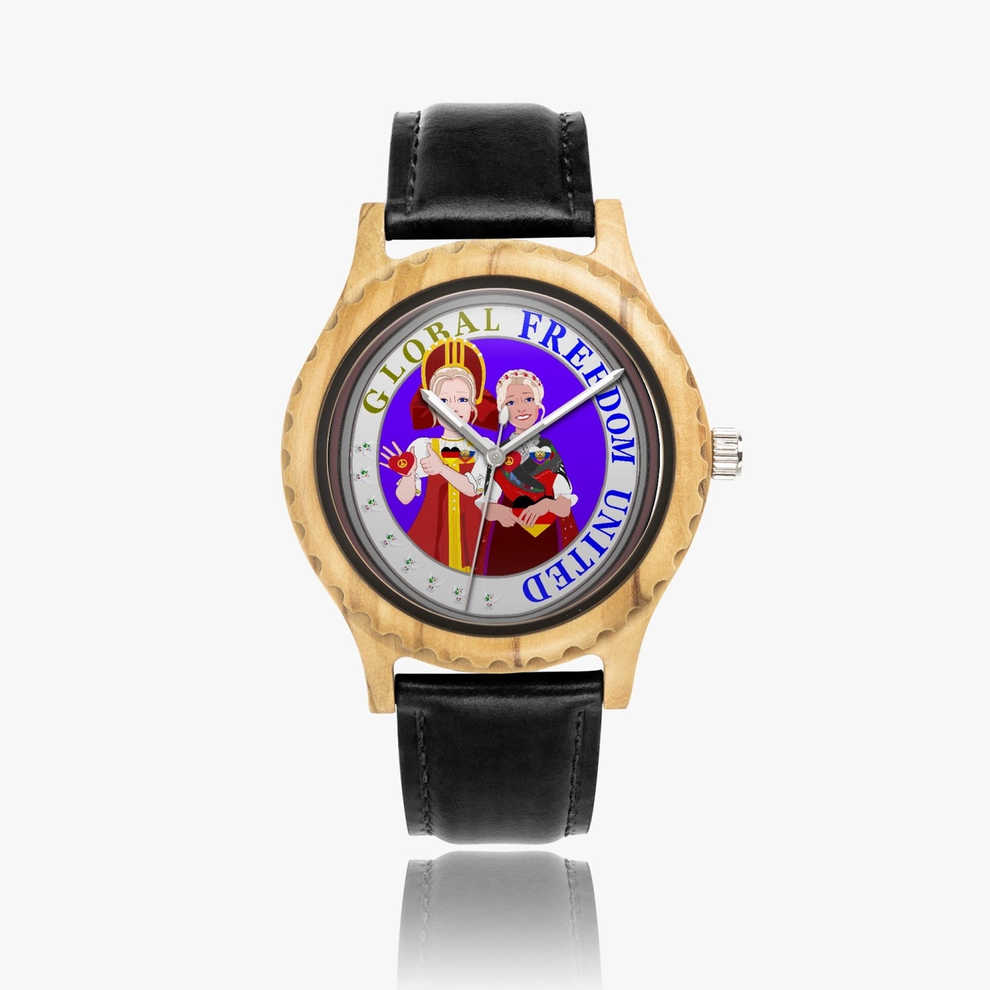 GLOBAL FREEDOM UNITED RUSSIA & GERMANY OLD PEACE Italian Olive Lumber Wooden Watch - Leather Strap