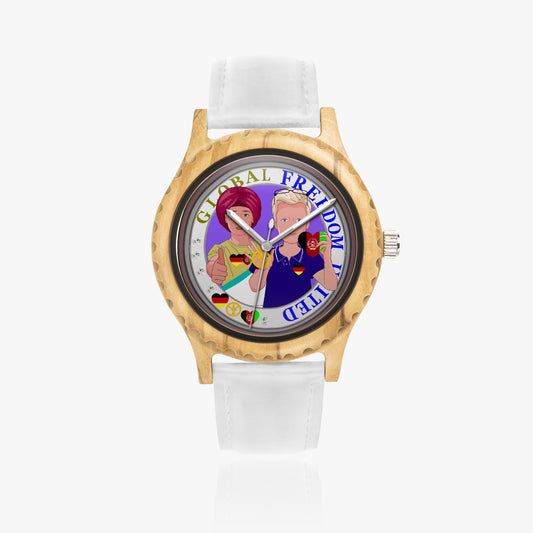 GLOBAL FREEDOM UNITED MEN AFGHANISTAN & GERMANY NEW PEACE Italian Olive Lumber Wooden Watch - Leather Strap