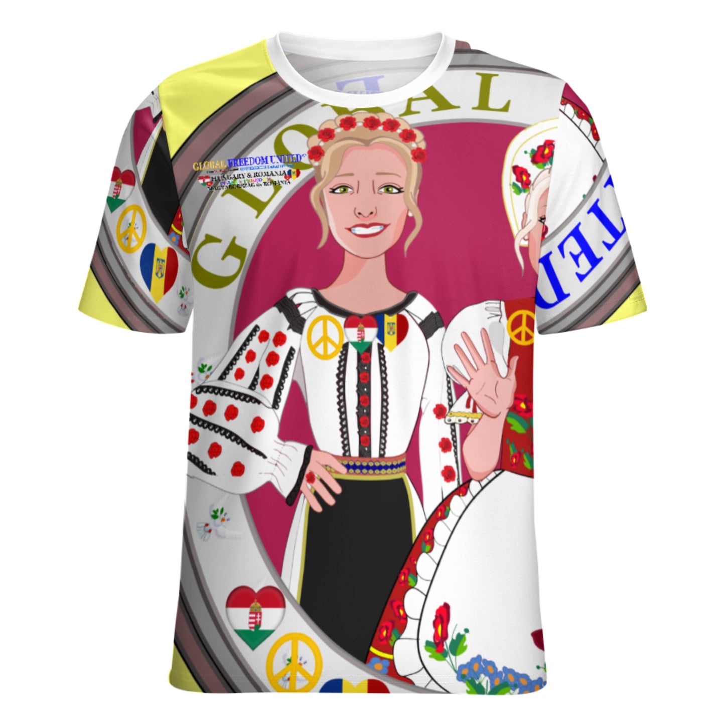 Full Print T-shirt 3 GLOBAL FREEDOM UNITED© Women Romania & Hungary Yellow