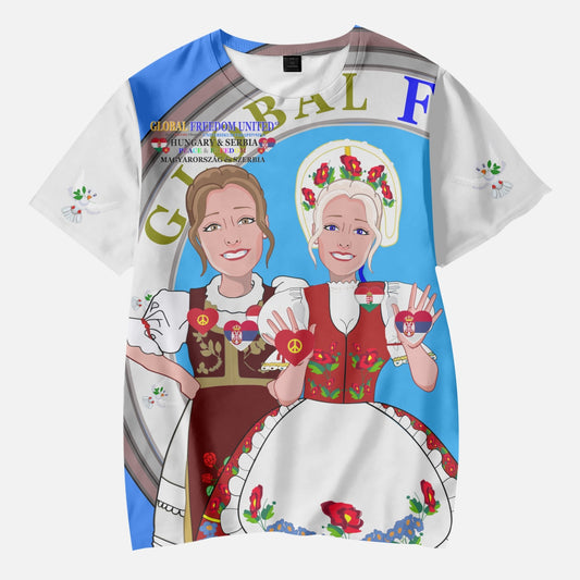 GLOBAL FREEDOM UNITED GIRLS SERBIA & HUNGARIE OLD PEACE BLUE AOP Kids' Short T-Shirts