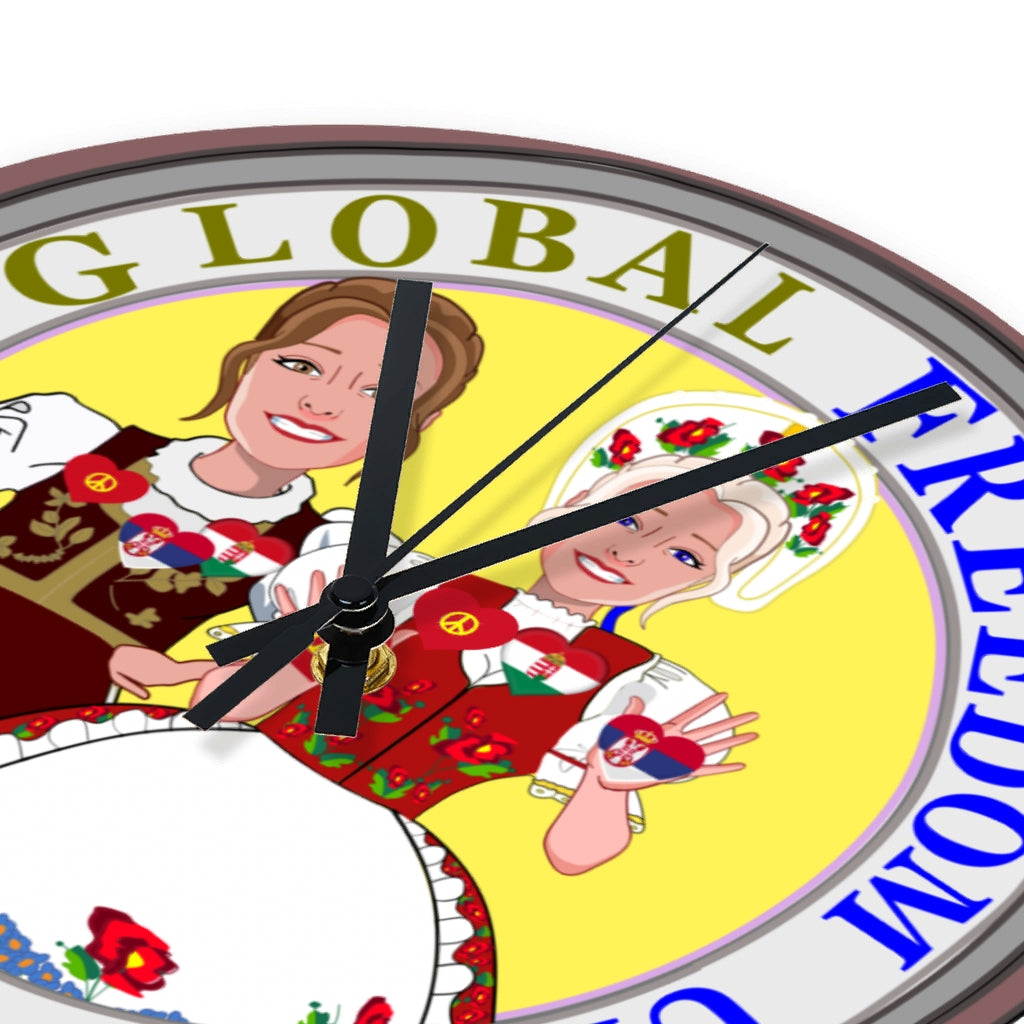 Wooden Wall Clock Without Scale GLOBAL FREEDOM UNITED© Women Serbia & Hungary Old Peace