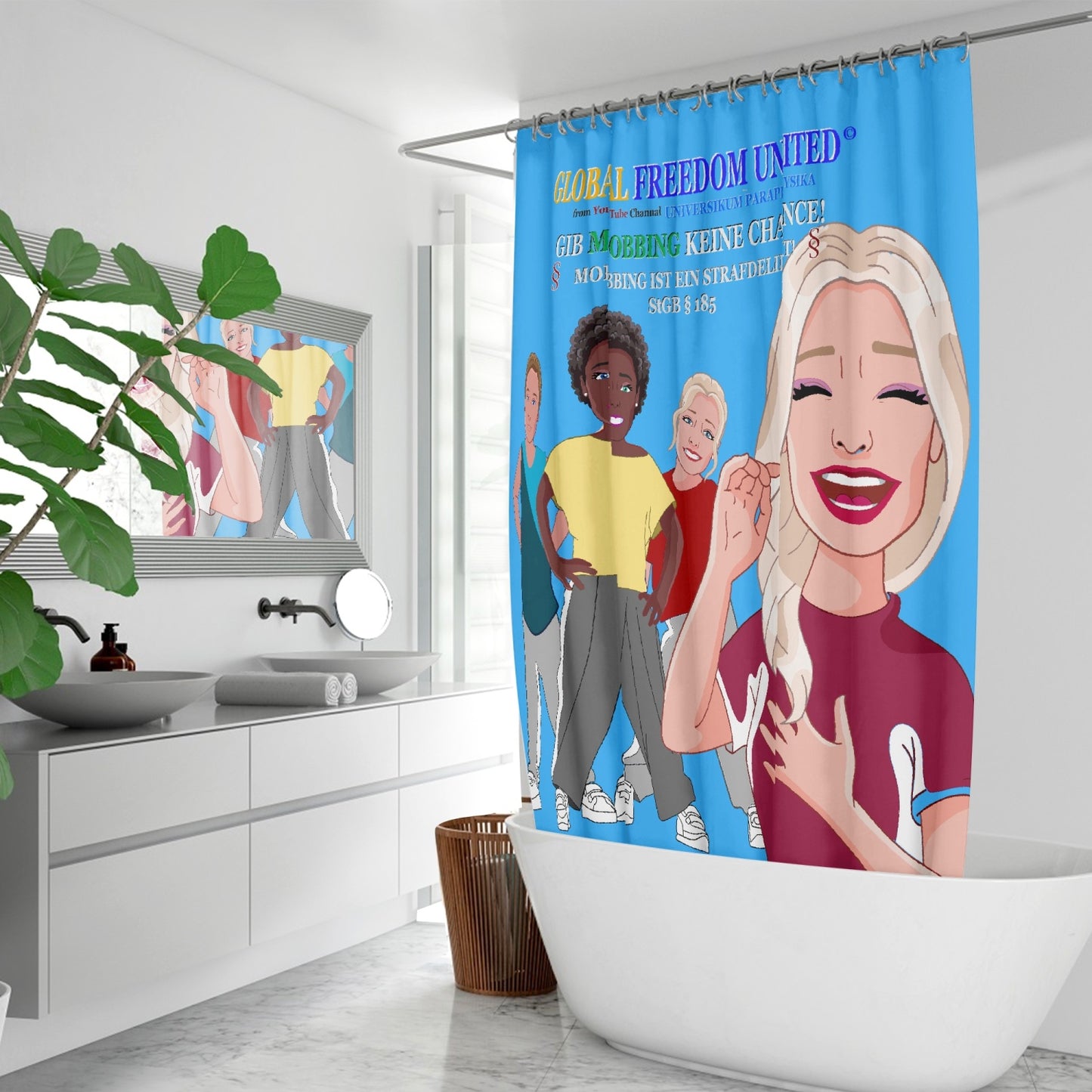 Quick-drying Shower Curtain GLOBAL FREEDOM UNITED GIB MOBBING KEINE CHANCE GERMAN BLUE