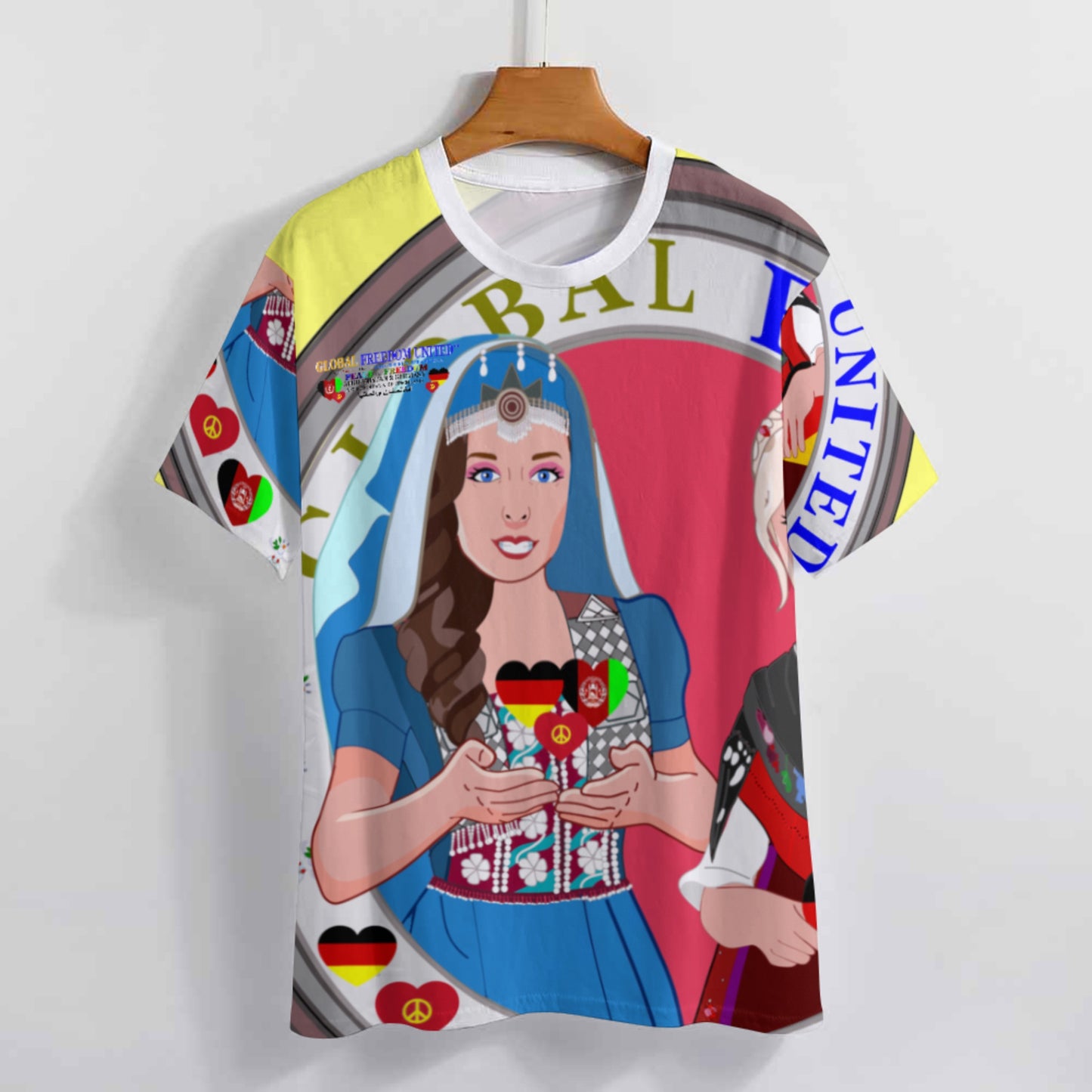 Full Print T-shirt Global Freedom United Women Afghanistan & Germany Old Peace Yellow