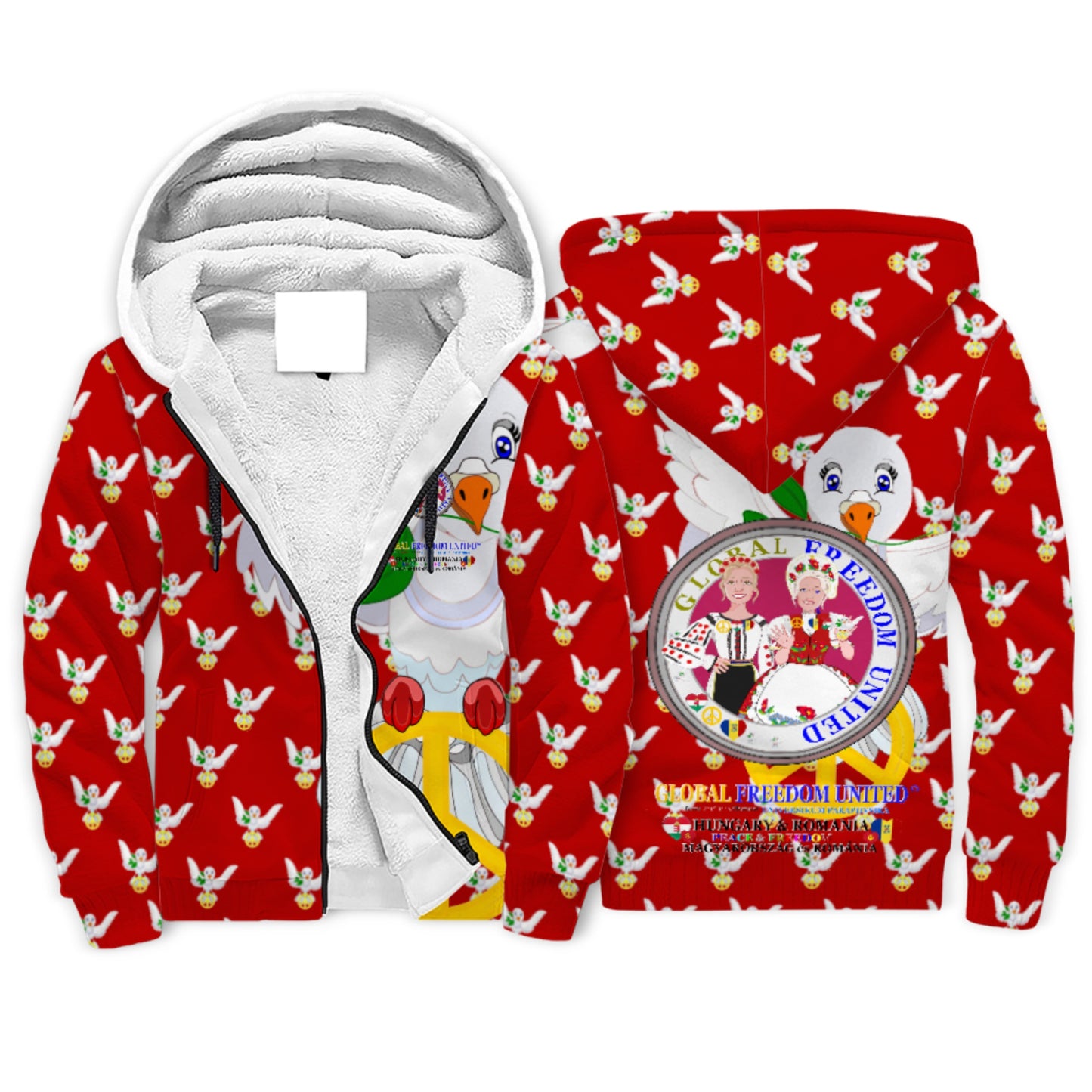 Plush Hoodie GLOBAL FREEDOM UNITED© Women Romania & Hungary Red