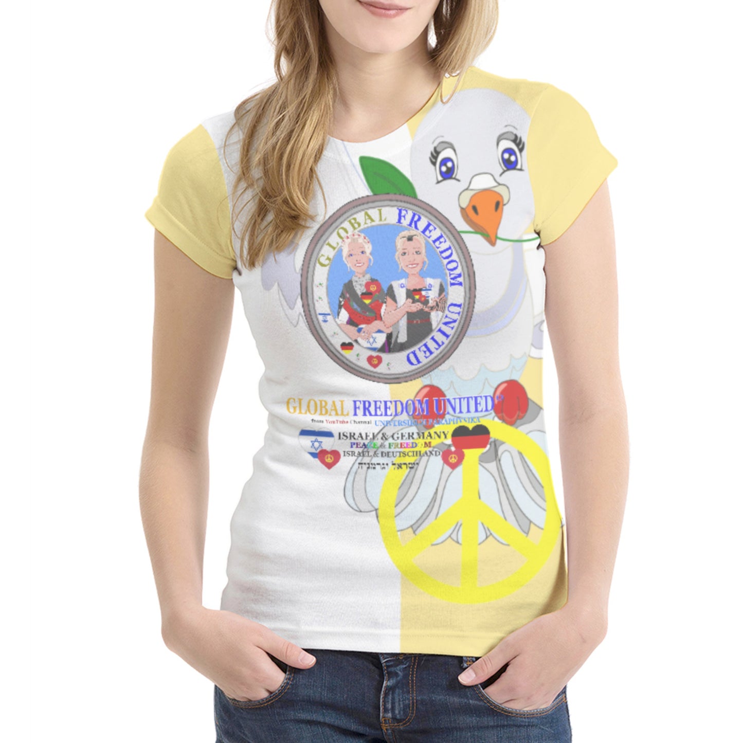 Women´s T-shirt GLOBAL FREEDOM UNITED© Israel & Germany Old Peace Version 1 Yellow