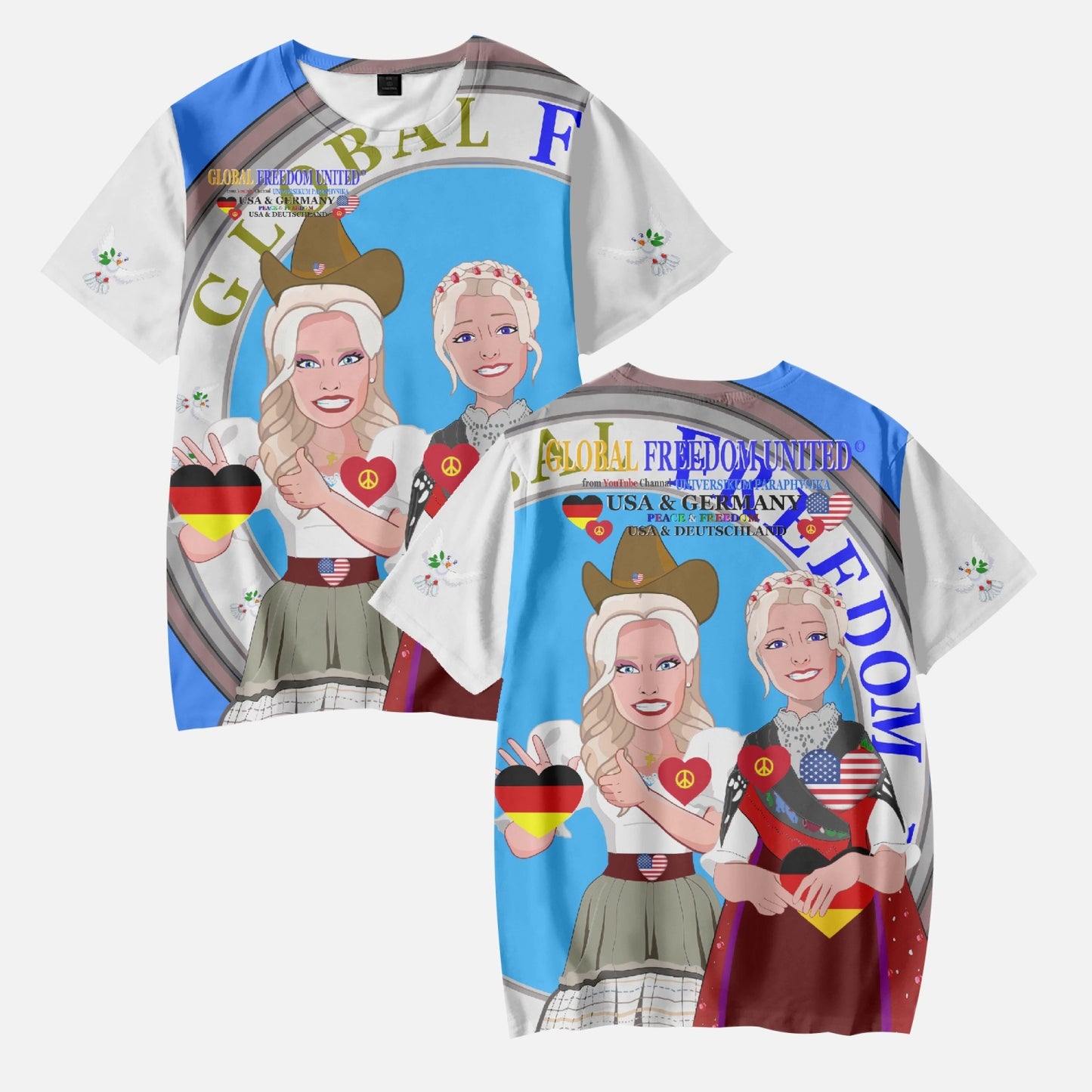 GLOBAL FREEDOM UNITED GIRLS USA & GERMANY OLD PEACE BLUE AOP Kids' Short T-Shirts