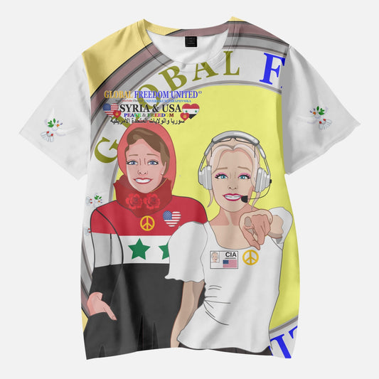 GLOBAL FREEDOM UNITED GIRLS SYRIA & USA OLD PEACE YELLOW AOP Kids' Short T-Shirts