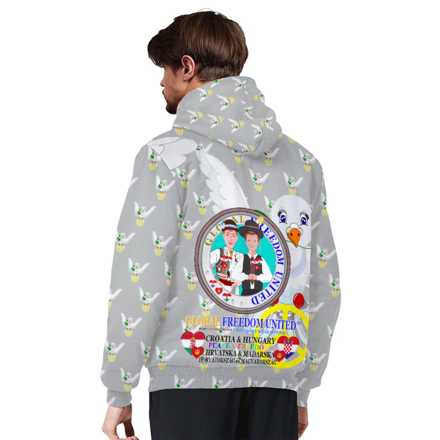 Plush Hoodie GLOBAL FREEDOM UNITED© Men Croatia & Hungary Grey