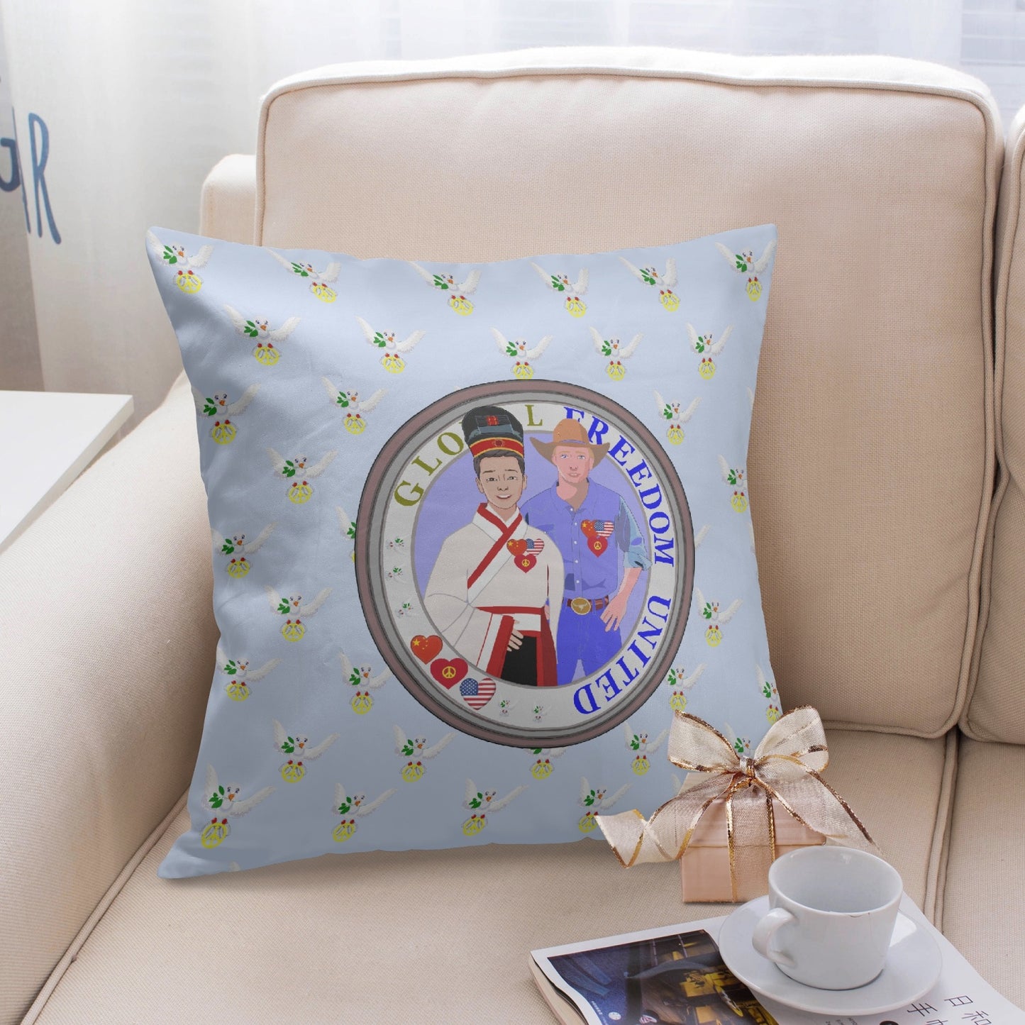 GLOBAL FREEDOM UNITED© Men USA & CHINA Light Blue 18'' Square Pillow Cover