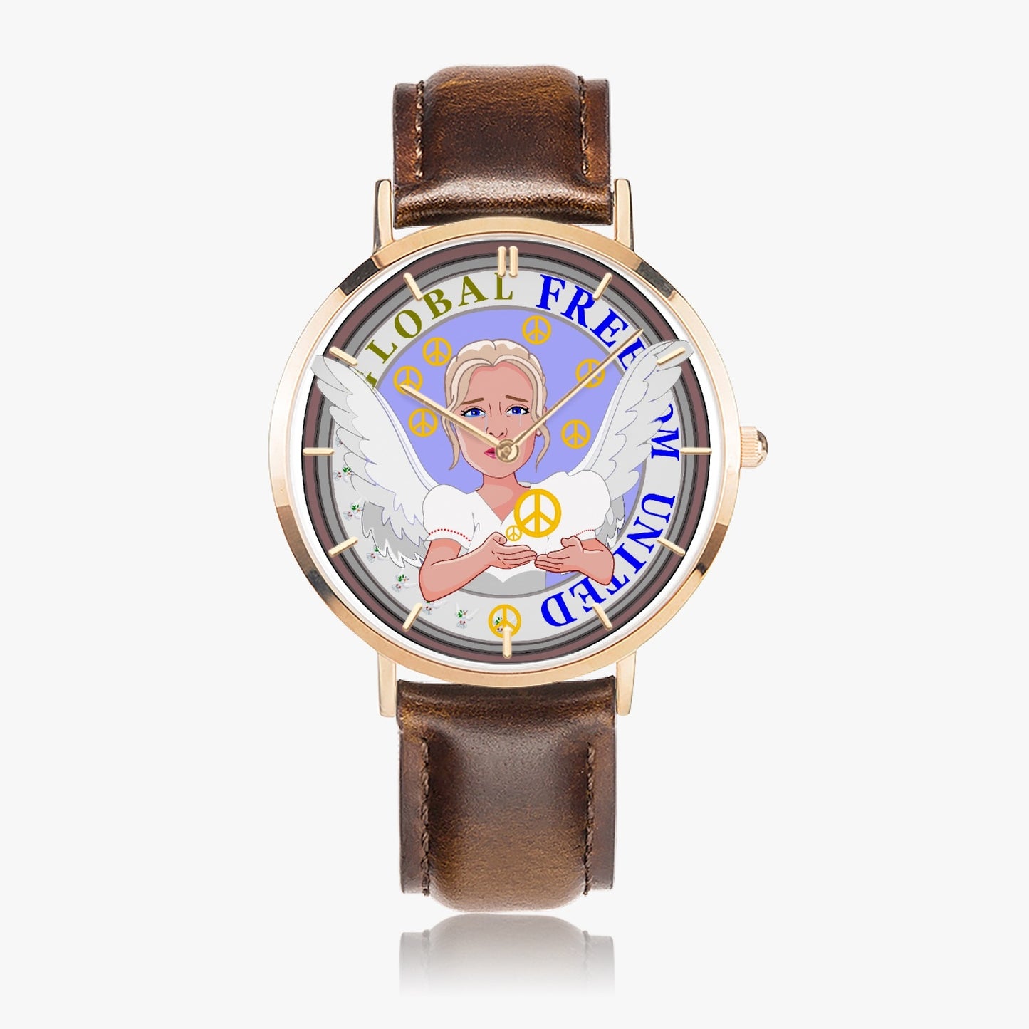 Hot Selling Ultra-Thin Leather Strap Quartz Watch (Rose Gold With Indicators) GLOBAL FREEDOM UNITED ANGEL OF PEACE OLD PEACE GIRL