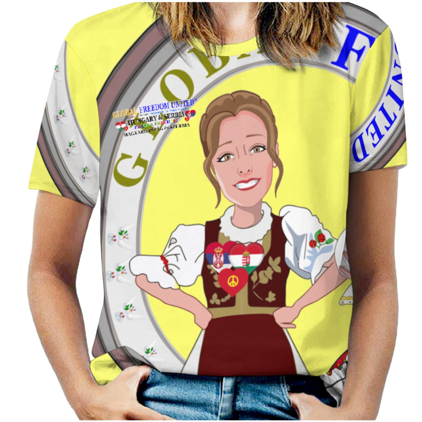 Women´s T-shirt 2 GLOBAL FREEDOM UNITED© Serbia & Hungary Yellow