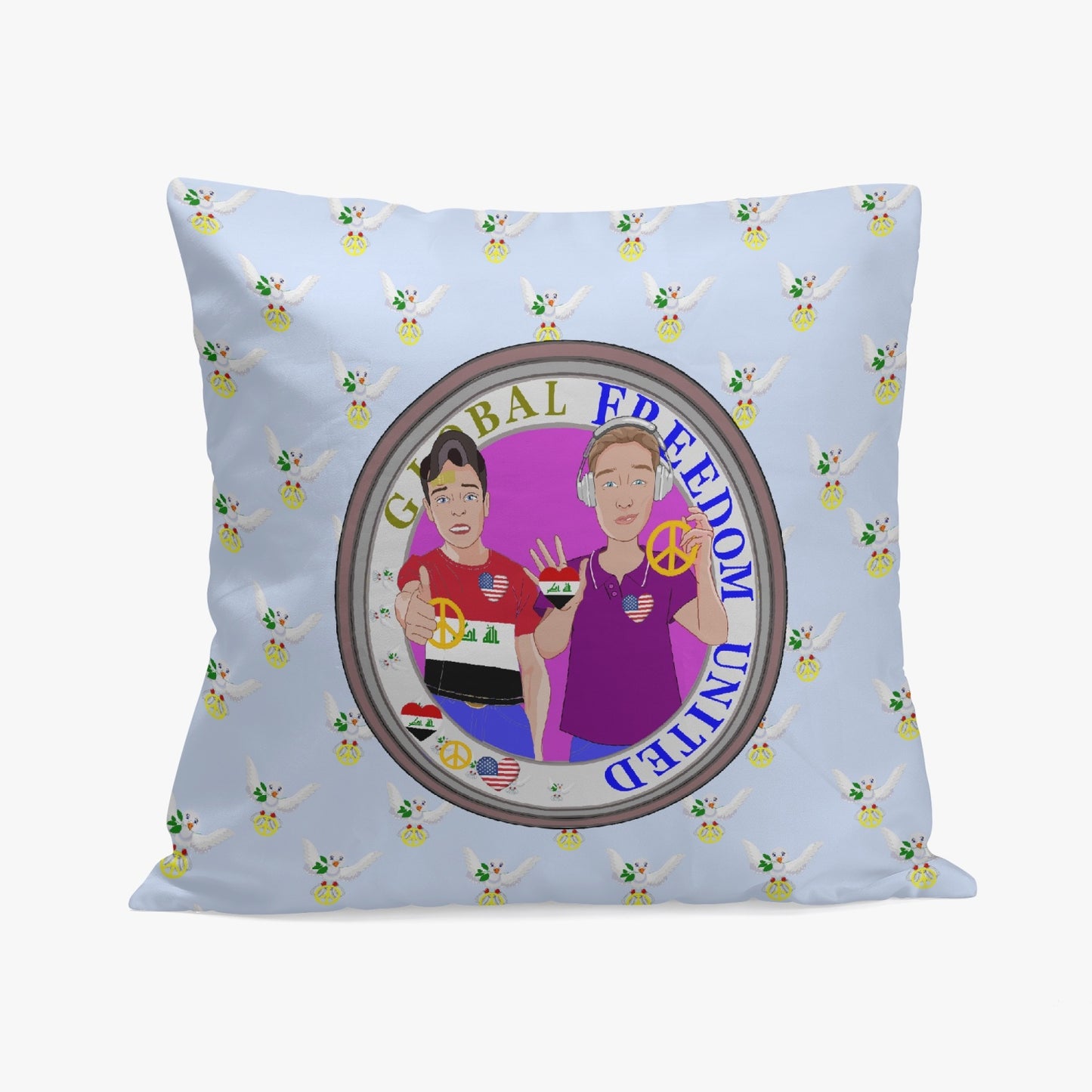 GLOBAL FREEDOM UNITED© Men IRAQ & USA LIGHT BLUE 18'' Square Pillow Cover