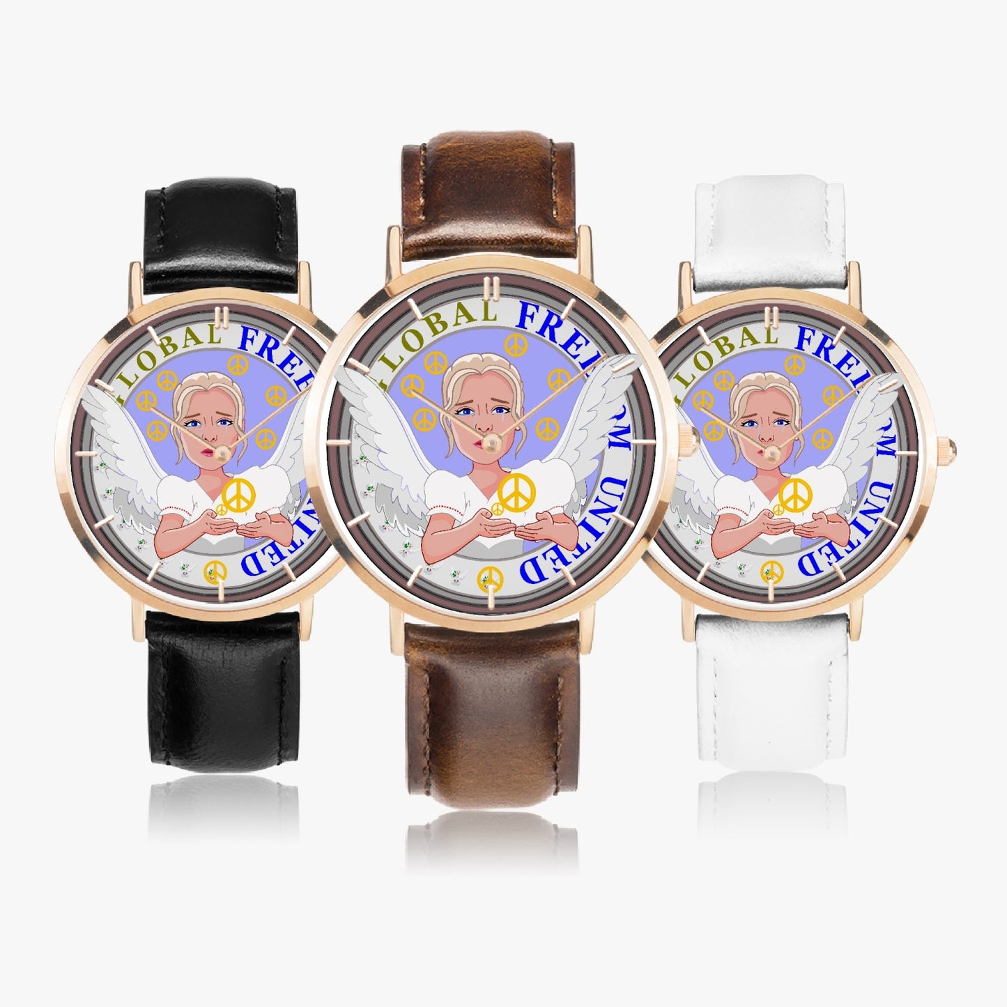 Hot Selling Ultra-Thin Leather Strap Quartz Watch (Rose Gold With Indicators) GLOBAL FREEDOM UNITED ANGEL OF PEACE OLD PEACE GIRL