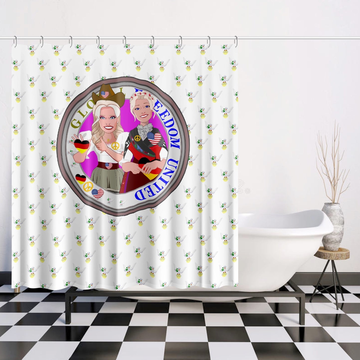 SHOWER CURTAIN GLOBAL FREEDOM UNITED WOMEN GERMANY & USA OLD PEACE WIGHT