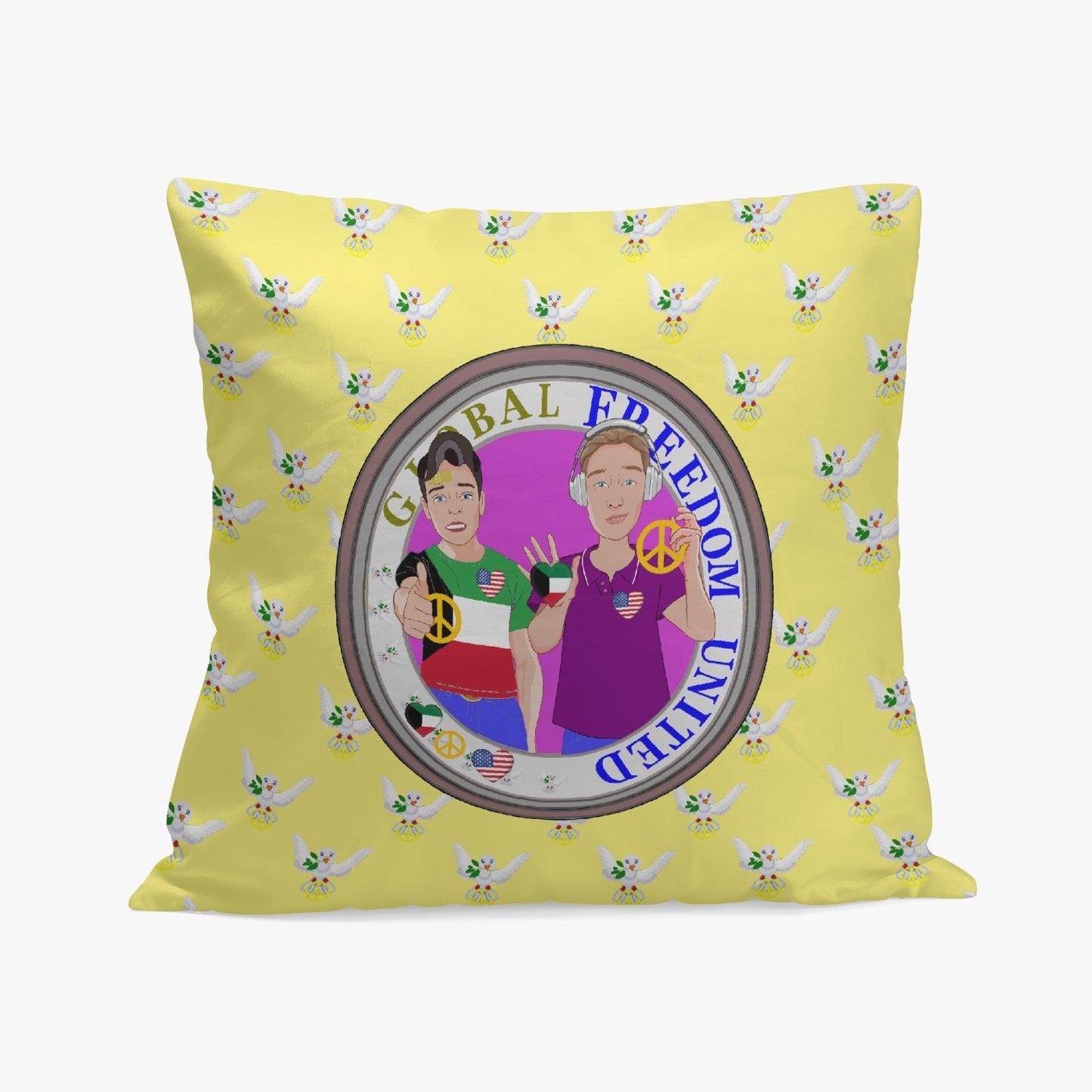 GLOBAL FREEDOM UNITED© Men KUWAIT & USA YELLOW  18'' Square Pillow Cover