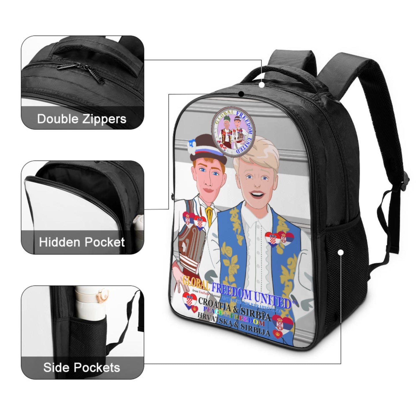 16 Inch 2 Compartment Backpack GLOBAL FREEDOM UNITED© Men Croatia & Serbia Old Peace Grey