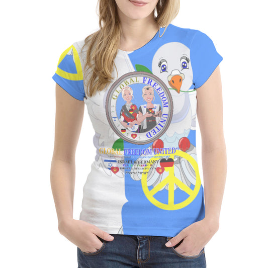 Women´s T-shirt GLOBAL FREEDOM UNITED© Israel & Germany Old Peace Version 1 Blue