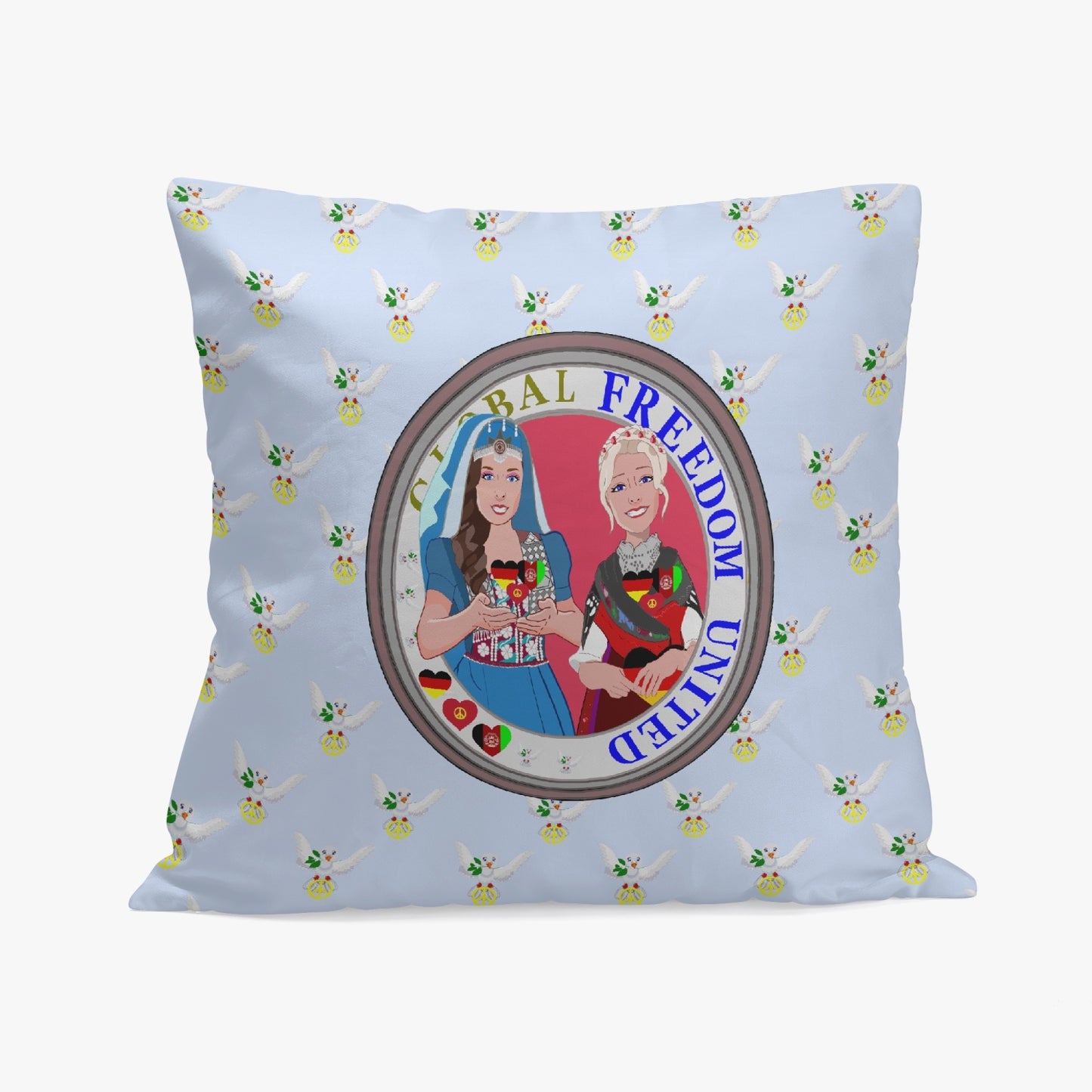 GLOBAL FREEDOM UNITED© Women AFGHANISTAN & GERMANY LIGHT BLUE 18'' Square Pillow Cover