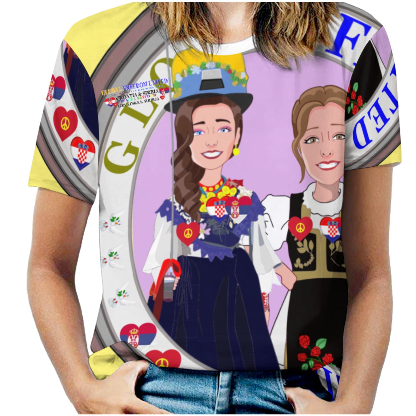 Women´s T-shirt 2 Global Freedom United Women Croatia & Serbia Old Peace Yellow