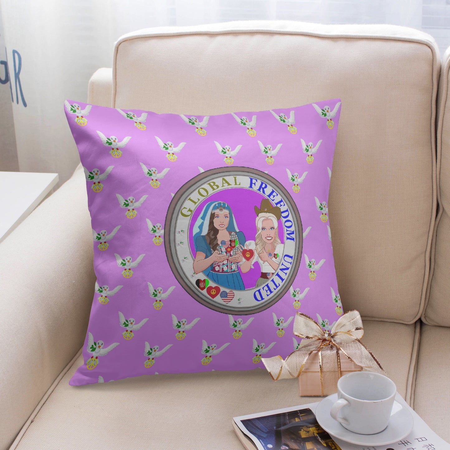 GLOBAL FREEDOM UNITED© Women AFGHANISTAN & USA LILAC 18'' Square Pillow Cover