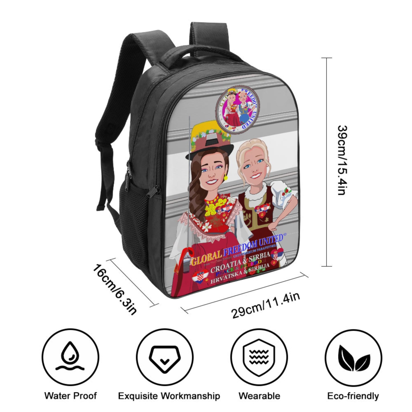 16 Inch 2 Compartment Backpack GLOBAL FREEDOM UNITED© Women Croatia & Serbia Old Peace Grey