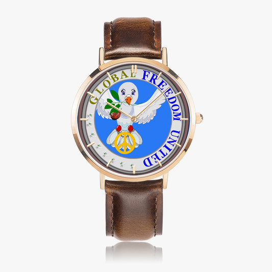 GLOBAL FREEDOM UNITED© Hot Selling Ultra-Thin Leather Strap Quartz Watch (Rose Gold With Indicators) DOVE OF PEACE  BLUE WITH PIPE