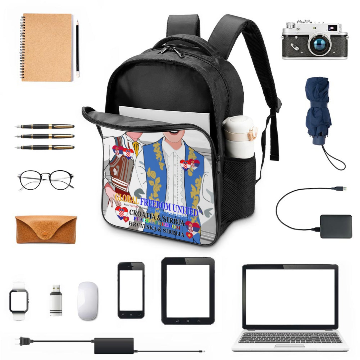 16 Inch 2 Compartment Backpack GLOBAL FREEDOM UNITED© Men Croatia & Serbia Old Peace Grey