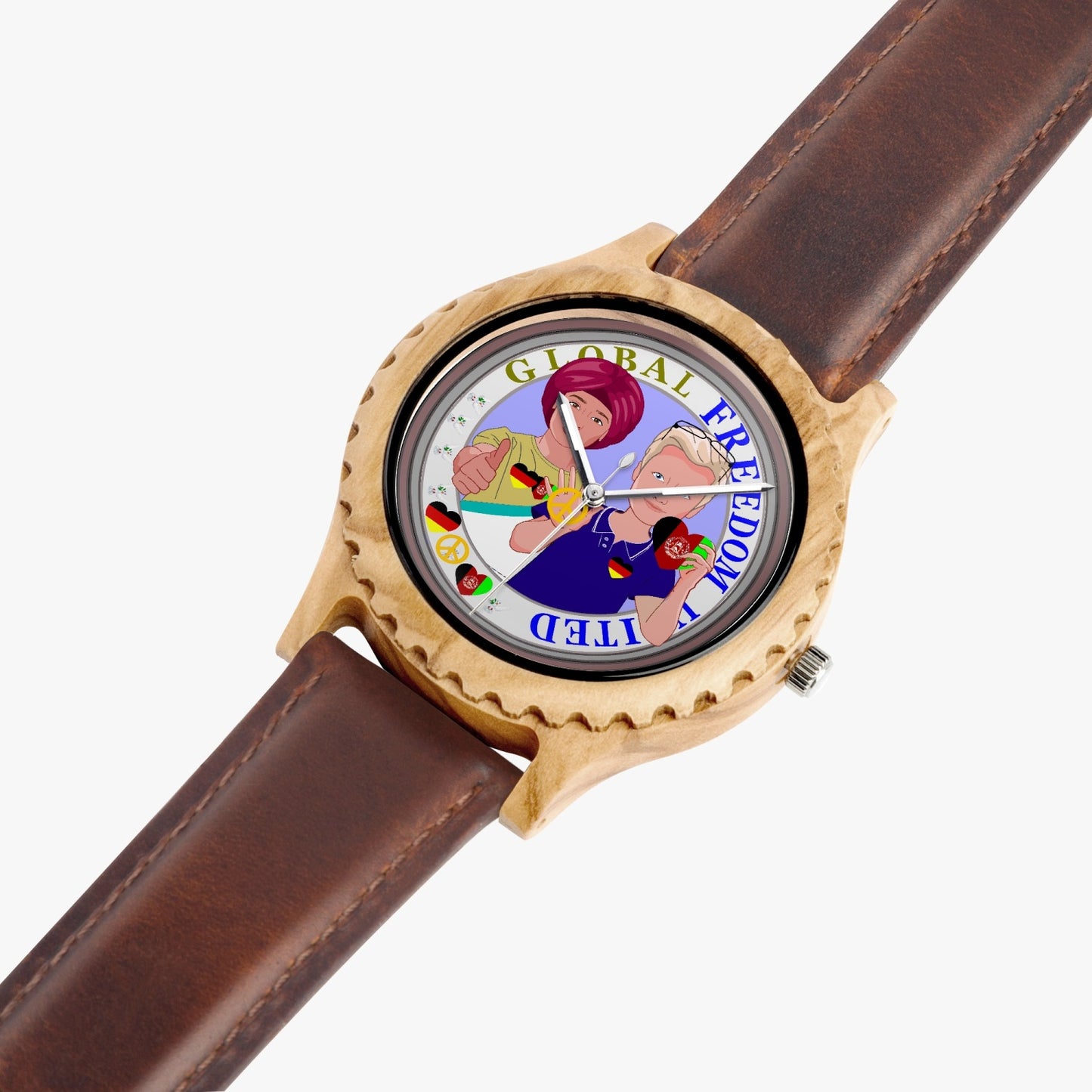 GLOBAL FREEDOM UNITED© Men AFGHANISTAN & GERMANY - Italian Olive Lumber Wooden Watch - Leather Strap
