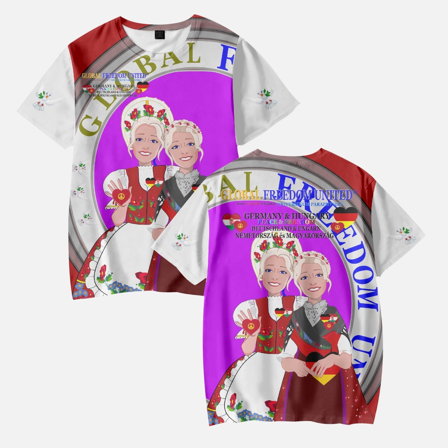 GLOBAL FREEDOM UNITED GIRLS GERMANY & HUNGARIE OLD PEACE RED AOP Kids' Short T-Shirts