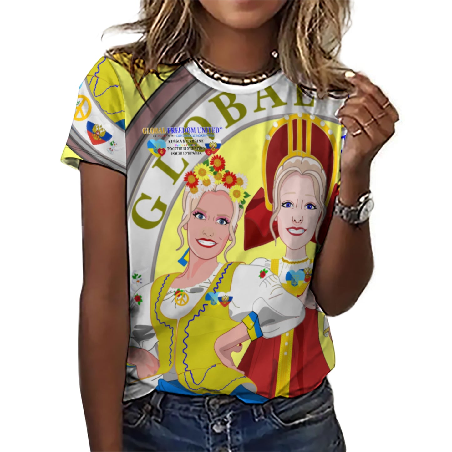 Women´s T-shirt 3 GLOBAL FREEDOM UNITED© Women Ukraina & Russia Yellow