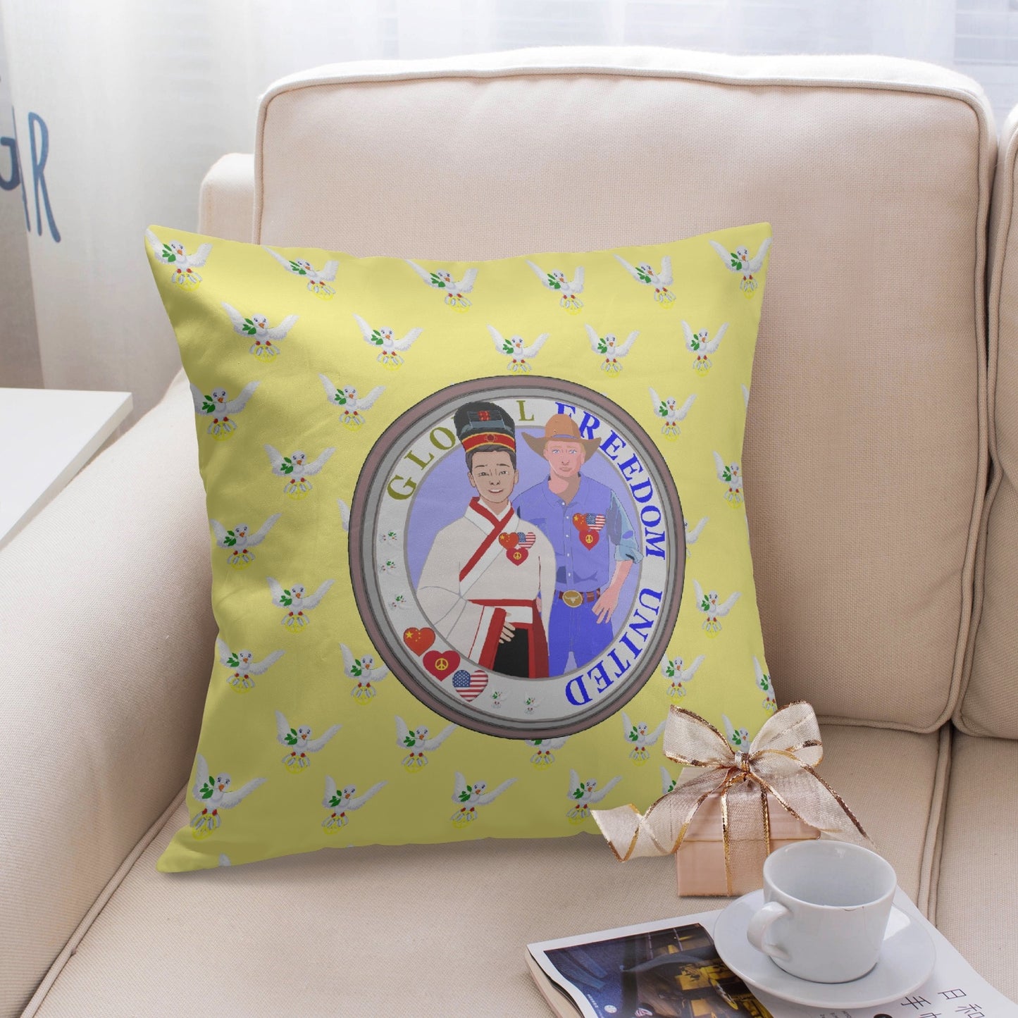 GLOBAL FREEDOM UNITED© Men USA & CHINA YELLOW 18'' Square Pillow Cover