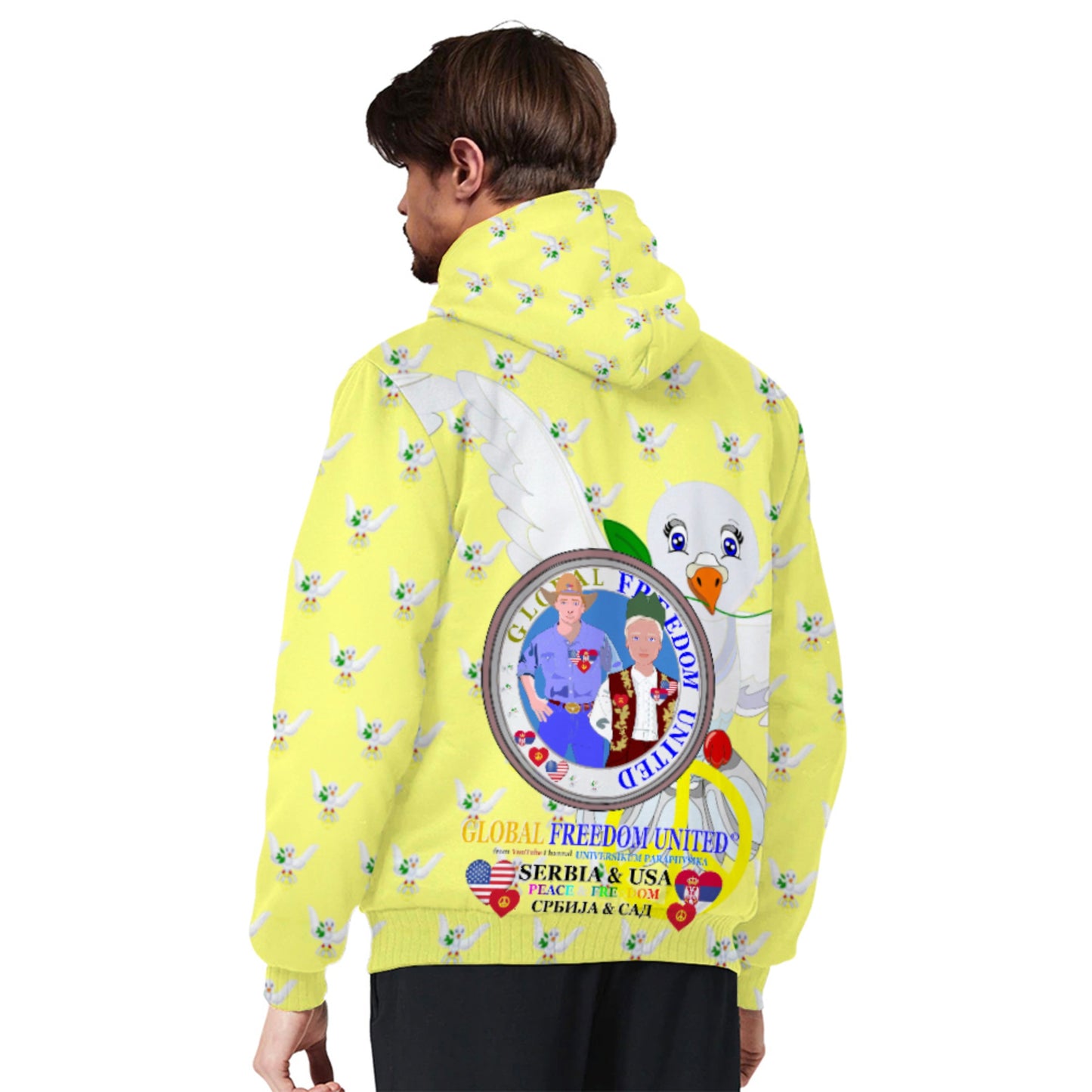 Plush Hoodie GLOBAL FREEDOM UNITED© Men Serbia & USA Yellow