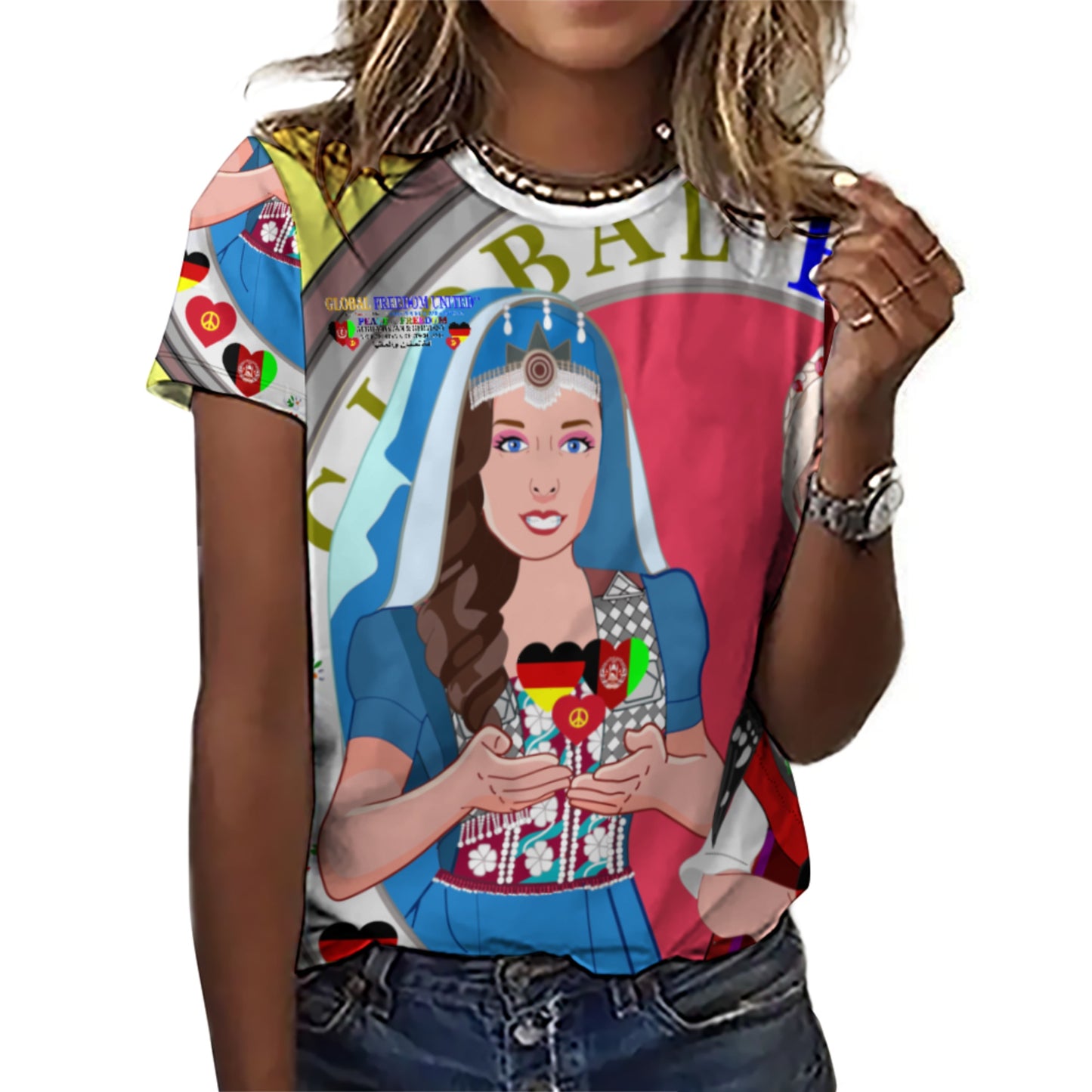 Full Print T-shirt Global Freedom United Women Afghanistan & Germany Old Peace Yellow