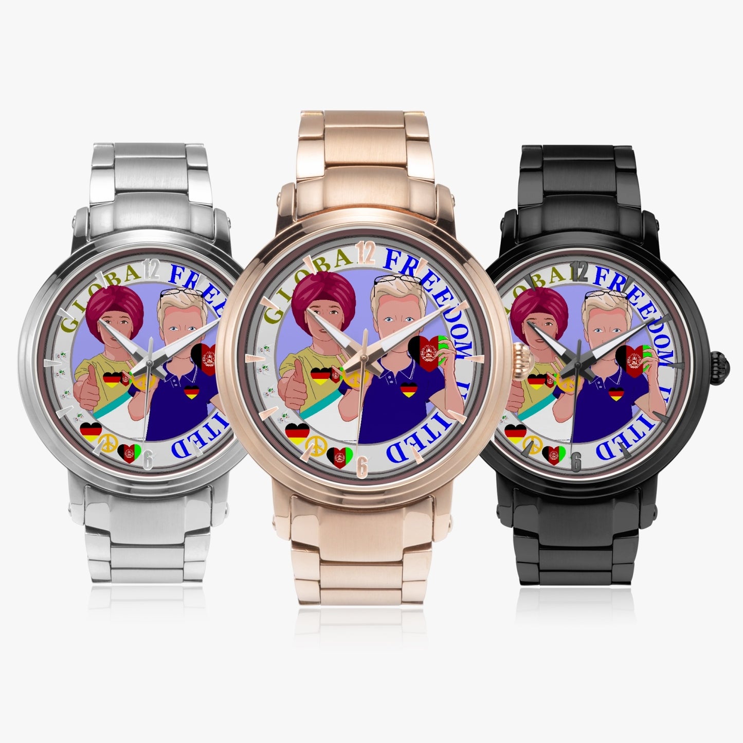 GLOBAL FREEDOM UNITED© Men AFGHANISTAN & GERMANY - New Steel Strap Automatic Watch (With Indicators)