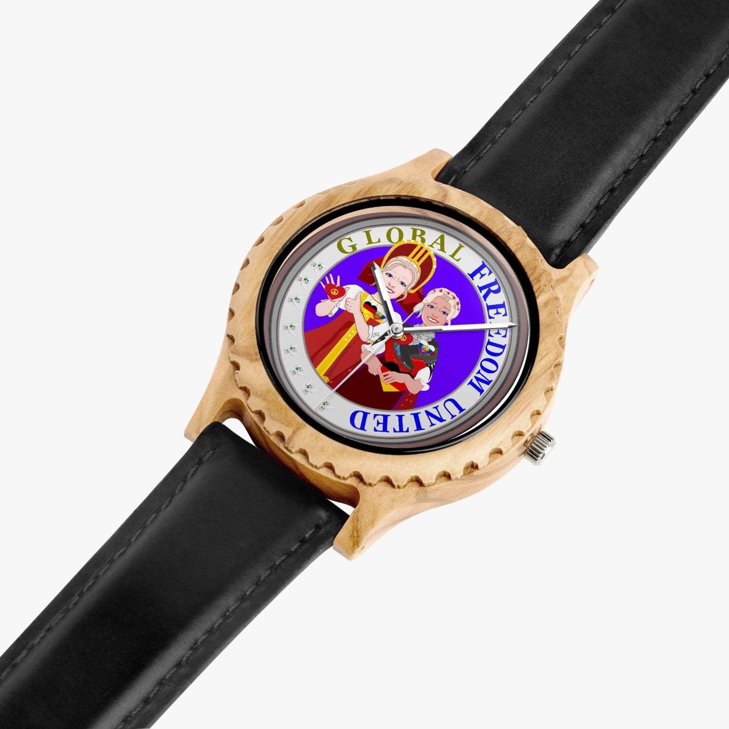 GLOBAL FREEDOM UNITED RUSSIA & GERMANY OLD PEACE Italian Olive Lumber Wooden Watch - Leather Strap